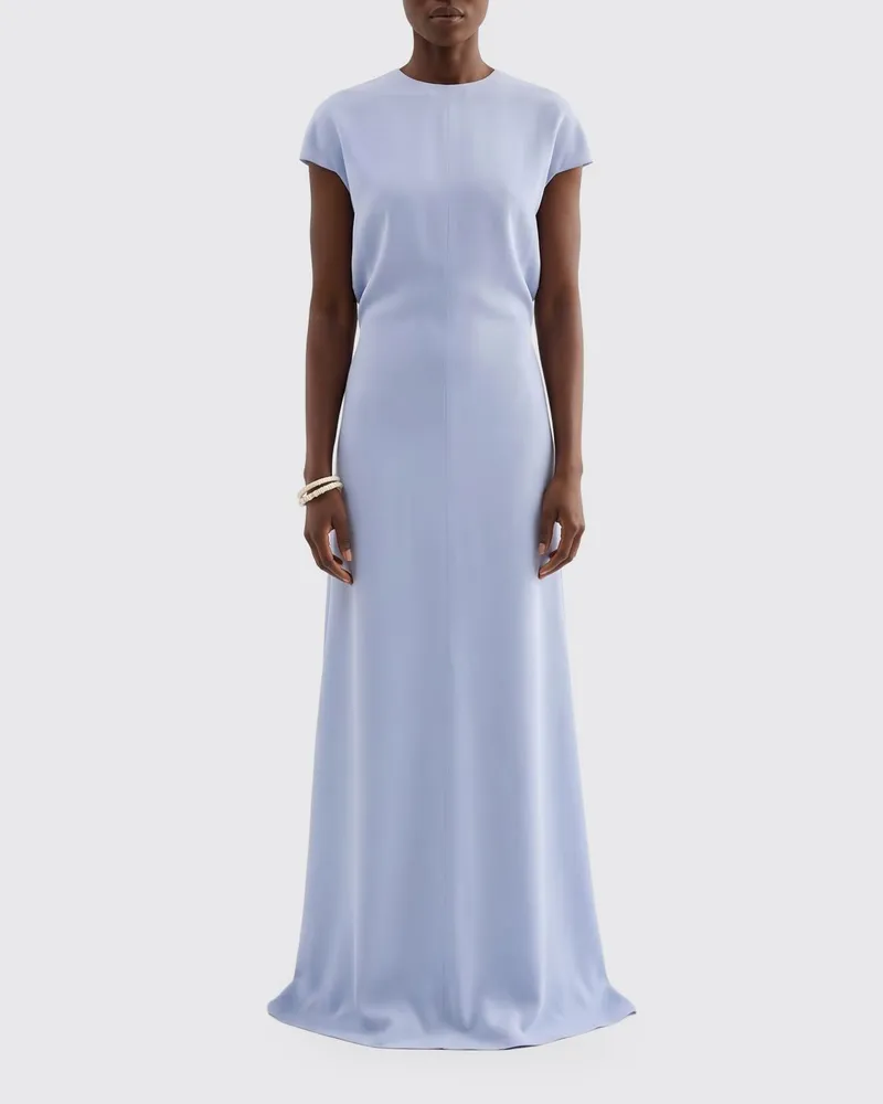 Jil Sander Langes Satin-Abendkleid mit kurzen Ärmeln und Rückenschlitz Hellblau