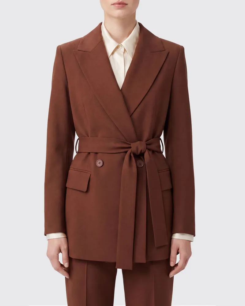 Semicouture Zweireihiger Wollmisch-Blazer mit Taillen-Bindegürtel Braun