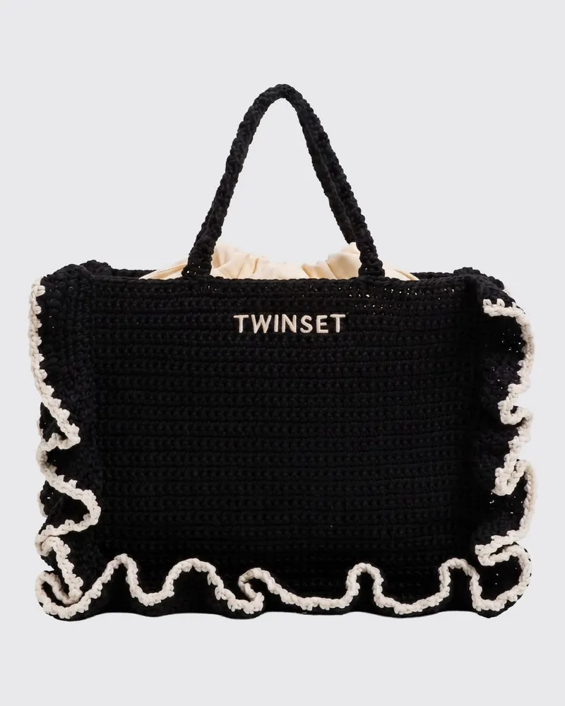 Twin-Set Häkel-Baumwolltasche mit Rüschen Schwarz