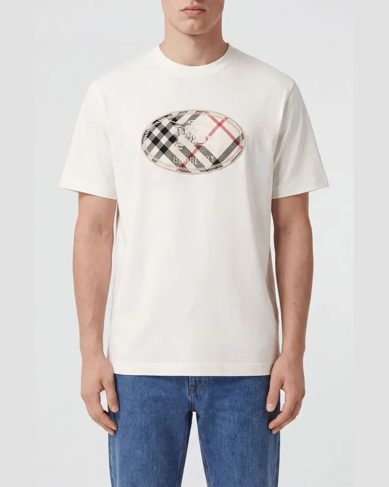 Burberry Baumwoll-T-Shirt von mit Frontlogo und Details im Tartanmuster Weiß
