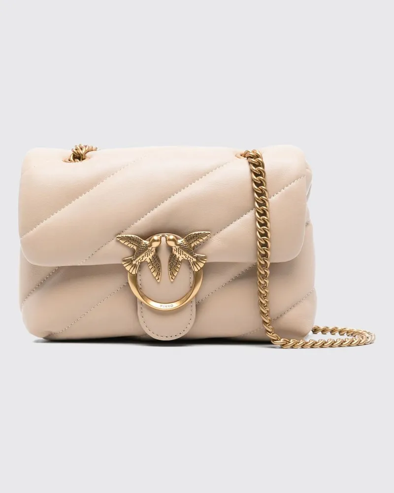 Pinko Classic Love Bag Puff Mini-Tasche aus gestepptem Nappa mit Love-Birds-Schnalle Beige