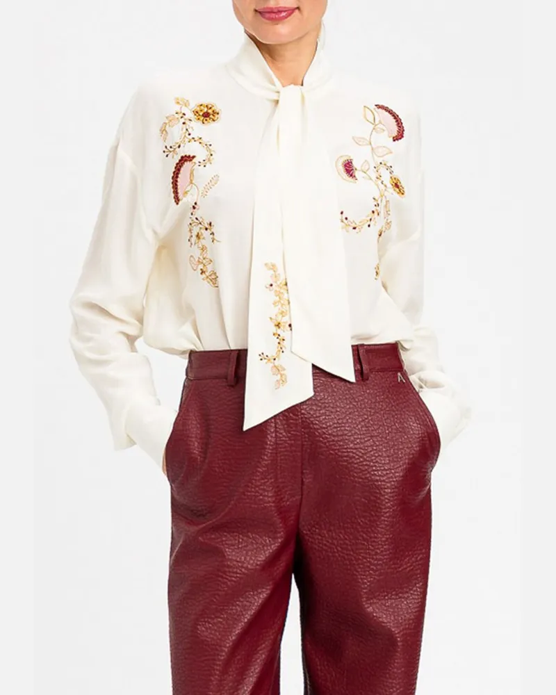 Twin-Set Langärmelige Viskosebluse mit Stickerei und Schluppenkragen Weiß