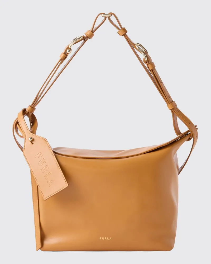Furla Ginevra Schultertasche aus Glattleder mit Logo-Charm Beige