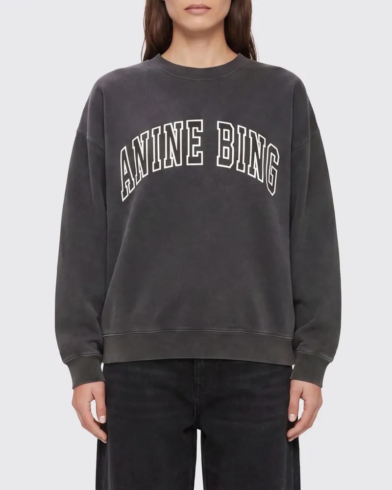 Anine Bing Baumwoll-Sweatshirt mit Rundhalsausschnitt und Kontrastlogo Schwarz