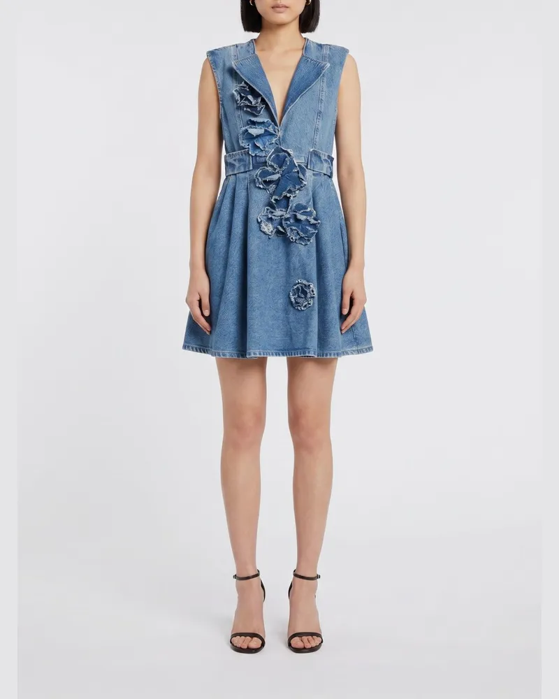 Ganni A-Linien-Minikleid aus recyceltem Denim mit Blumenapplikation Blau