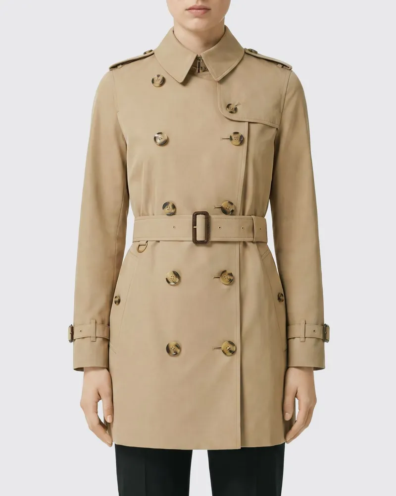 Burberry Kurzer zweireihiger Baumwoll-Trenchcoat mit Check-Unterkragen Honey