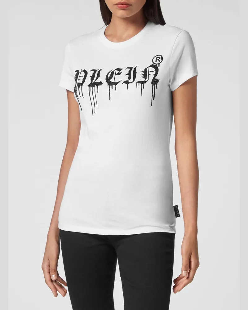 Philipp Plein Gothic Jersey-T-Shirt mit Logo und Strassapplikation Weiß