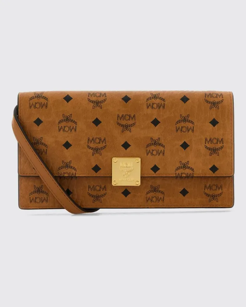 MCM Mini-Umschlagtasche aus beschichteter Baumwolle mit Logo und abnehmbarem Riemen Braun