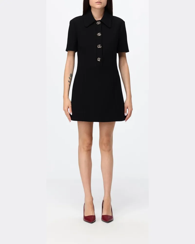 Gucci Polo-Minikleid aus Wolle mit klassischem Kragen und kurzen Ärmeln Schwarz