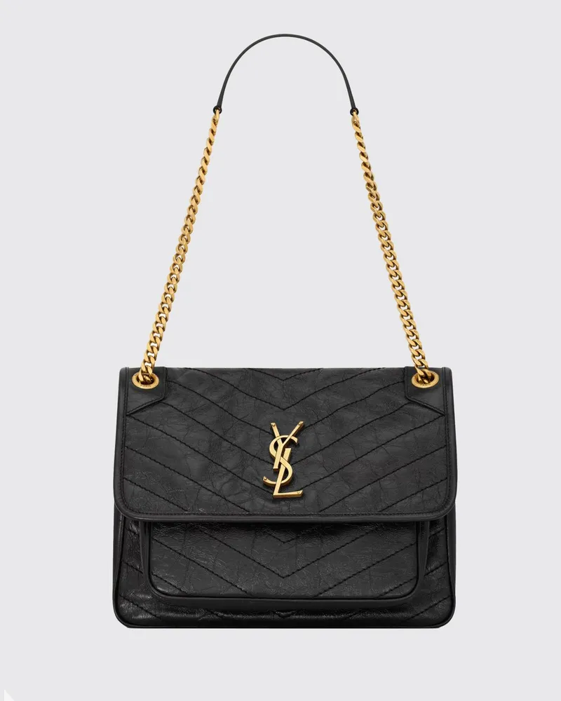 Saint Laurent Niki Schultertasche aus gestepptem Chevron-Leder mit YSL-Monogramm Schwarz