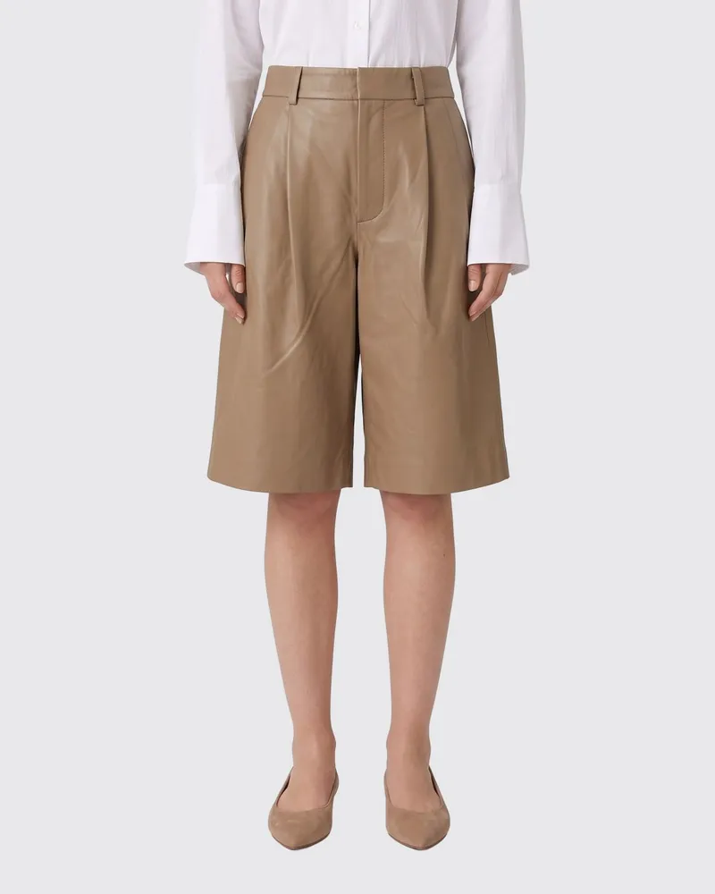 Yves Salomon Kniehohe Shorts aus Lammleder mit hoher Taille Beige