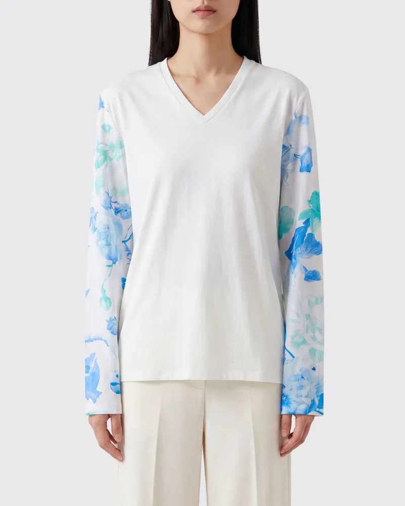 Maison Margiela Langarm-T-Shirt aus Baumwolle mit Blumenprint und V-Ausschnitt Weiß