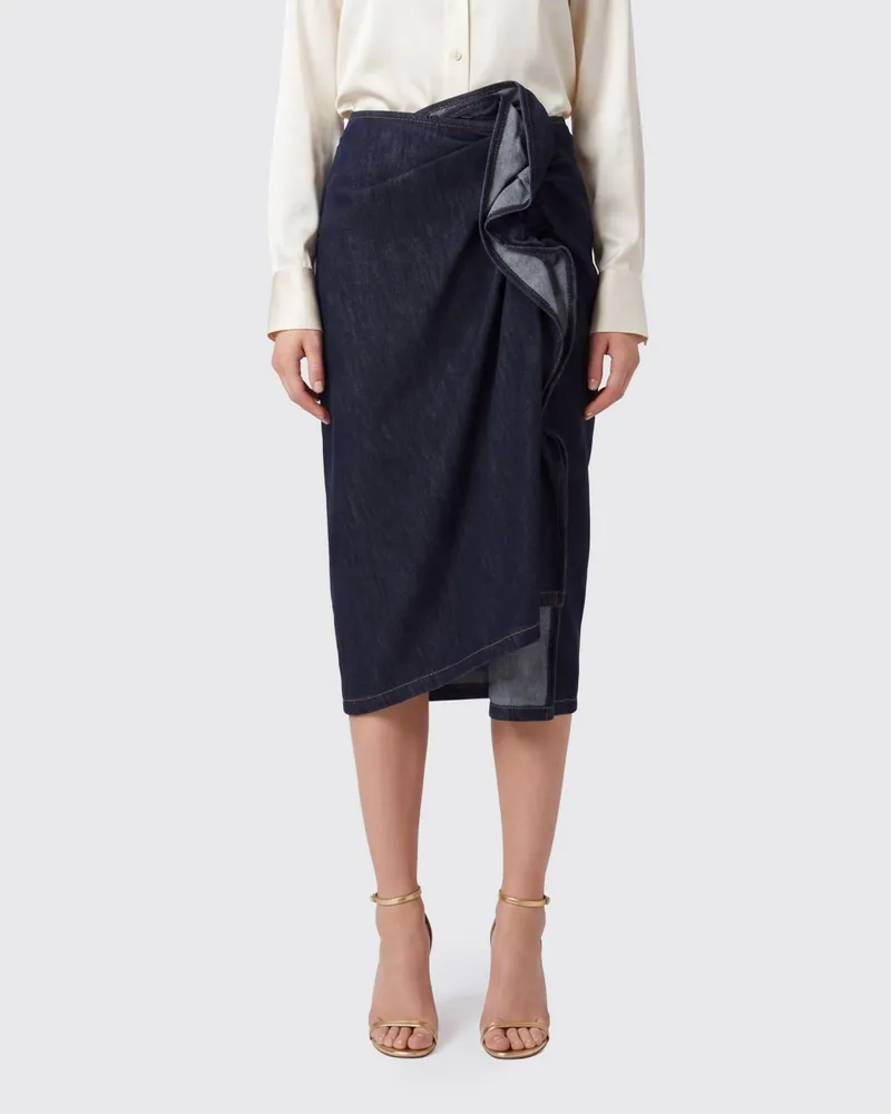 Dries van Noten Asymmetrischer Midi-Denimrock mit drapierter hoher Taille Blau