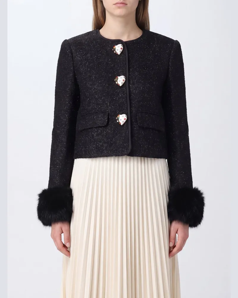 Self-Portrait Cropped-Blazer aus Bouclé von mit Schmuckknöpfen und Pelzmanschetten Schwarz