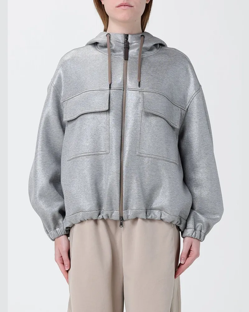 Brunello Cucinelli Kapuzenbomberjacke aus Baumwollmischung Silber