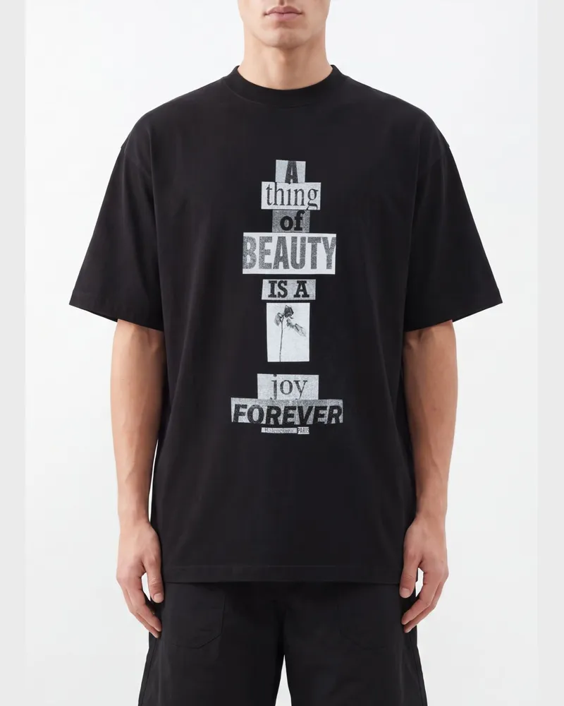 Balenciaga Baumwoll-T-Shirt mit Slogan-Print und überschnittenen Schultern Schwarz