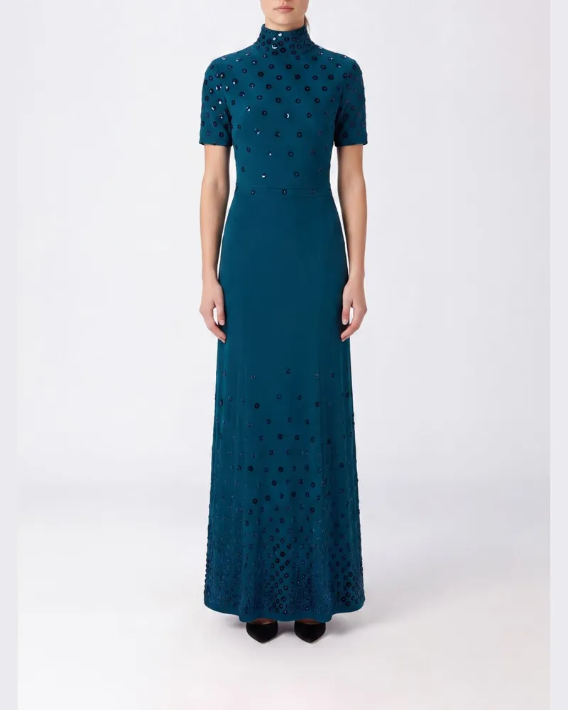 Paco Rabanne Langes Abendkleid aus Satin mit hohem Kragen und Pailletten Blau