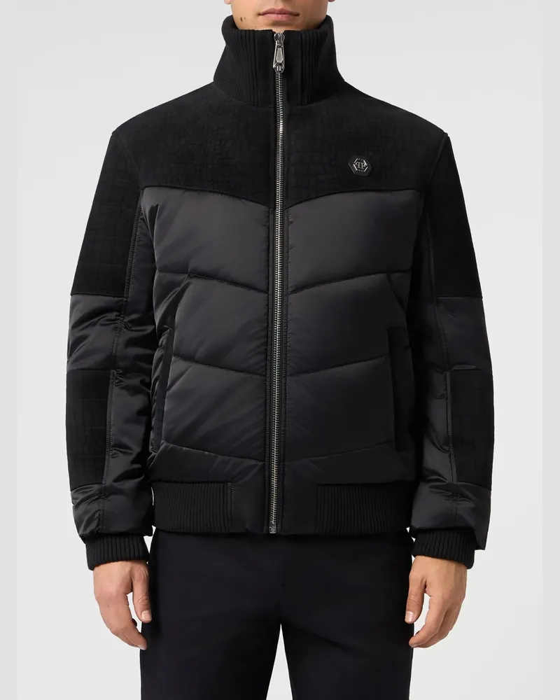 Philipp Plein Gesteppte Polyester-Daunenjacke mit Lederdetails Schwarz