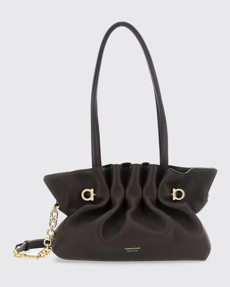 Ferragamo Drapierte Schultertasche Soft aus Nappaleder mit doppeltem Henkel Braun