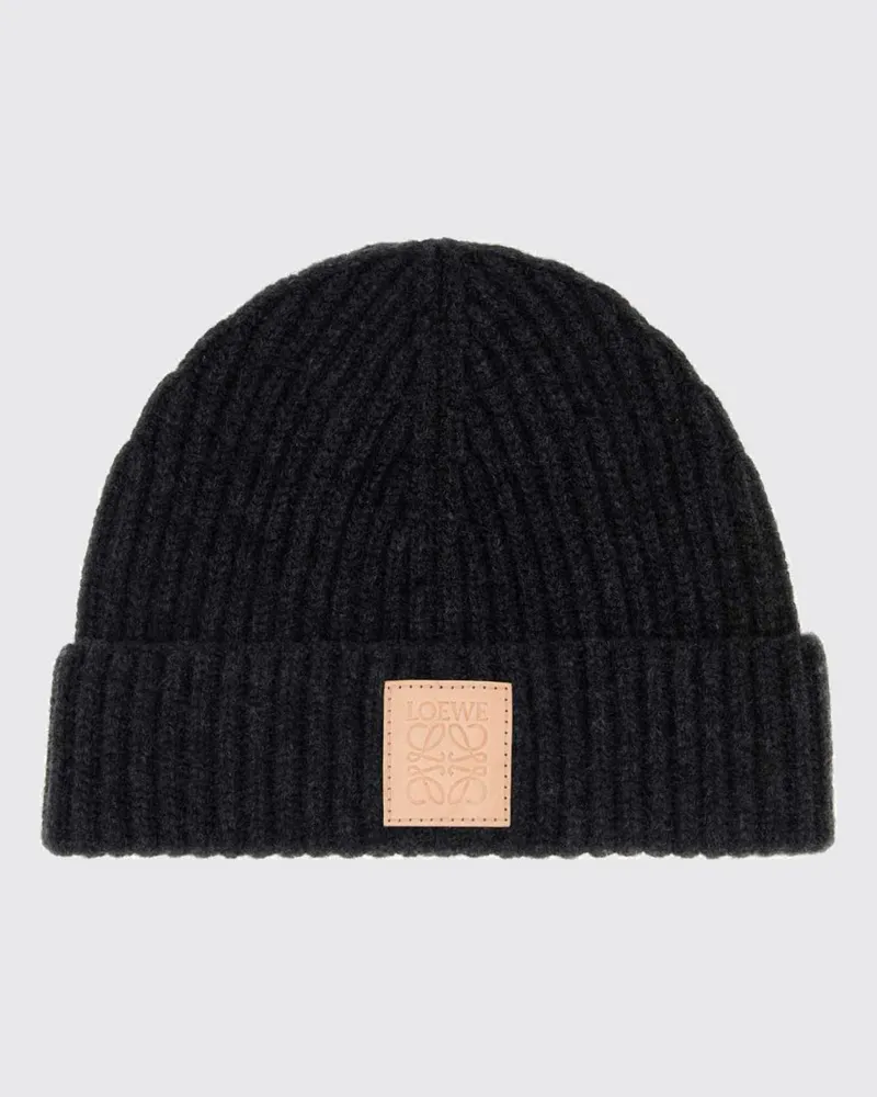 Loewe Gerippter Beanie aus reinem Kaschmir mit Umschlag und Logo-Patch Schwarz