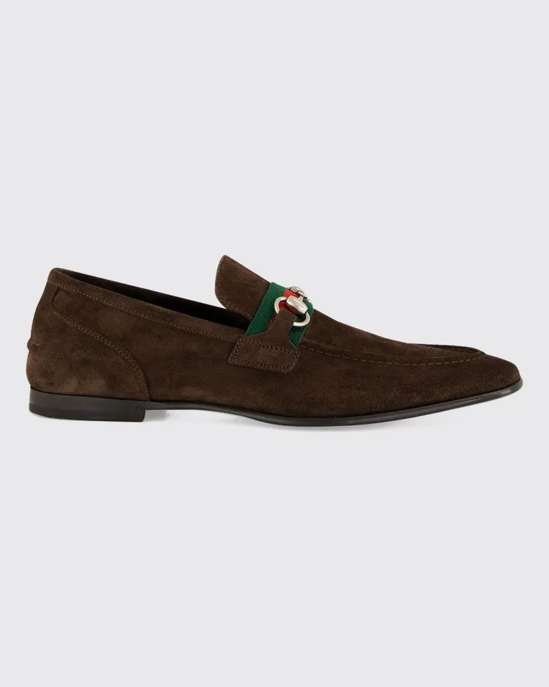 Gucci Como Loafer aus Veloursleder mit Horsebit- und Web-Detail Braun