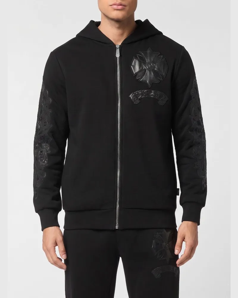 Philipp Plein Baumwoll-Kapuzenpullover mit Lederlogo Schwarz