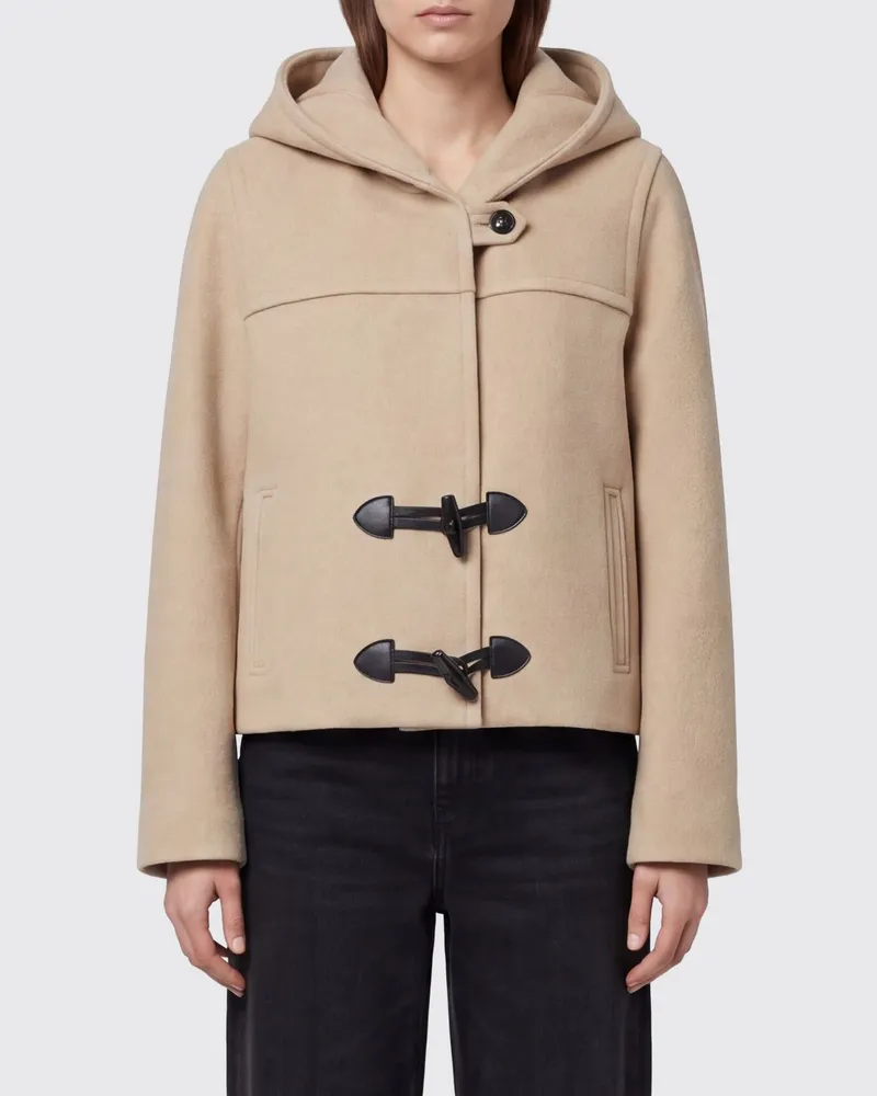 Isabel Marant Kurzer Dufflecoat aus Baumwolle mit Kapuze und Ledereinsätzen Beige