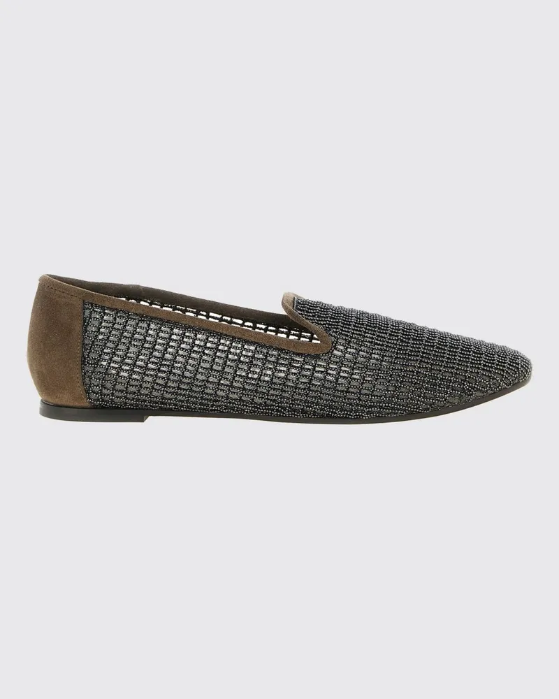 Brunello Cucinelli Flache Loafer aus Veloursleder mit Monili-Besatz und perforiertem Detail Braun