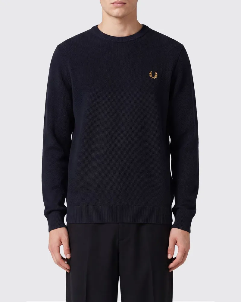 Fred Perry Langärmliger Baumwollpullover mit Rundhalsausschnitt und kontrastierend gesticktem Logo Blau