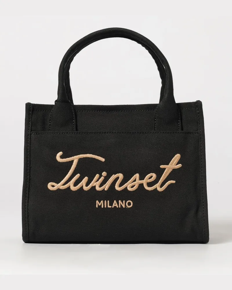 Twin-Set Tasche aus Baumwollcanvas mit Kuhprint Schwarz