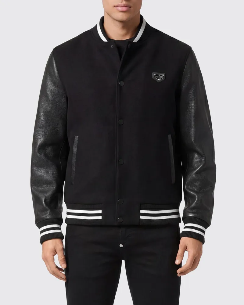 Philipp Plein Varsity-Bomberjacke aus Wolle und Leder mit Skull-Stickerei und Strass Schwarz