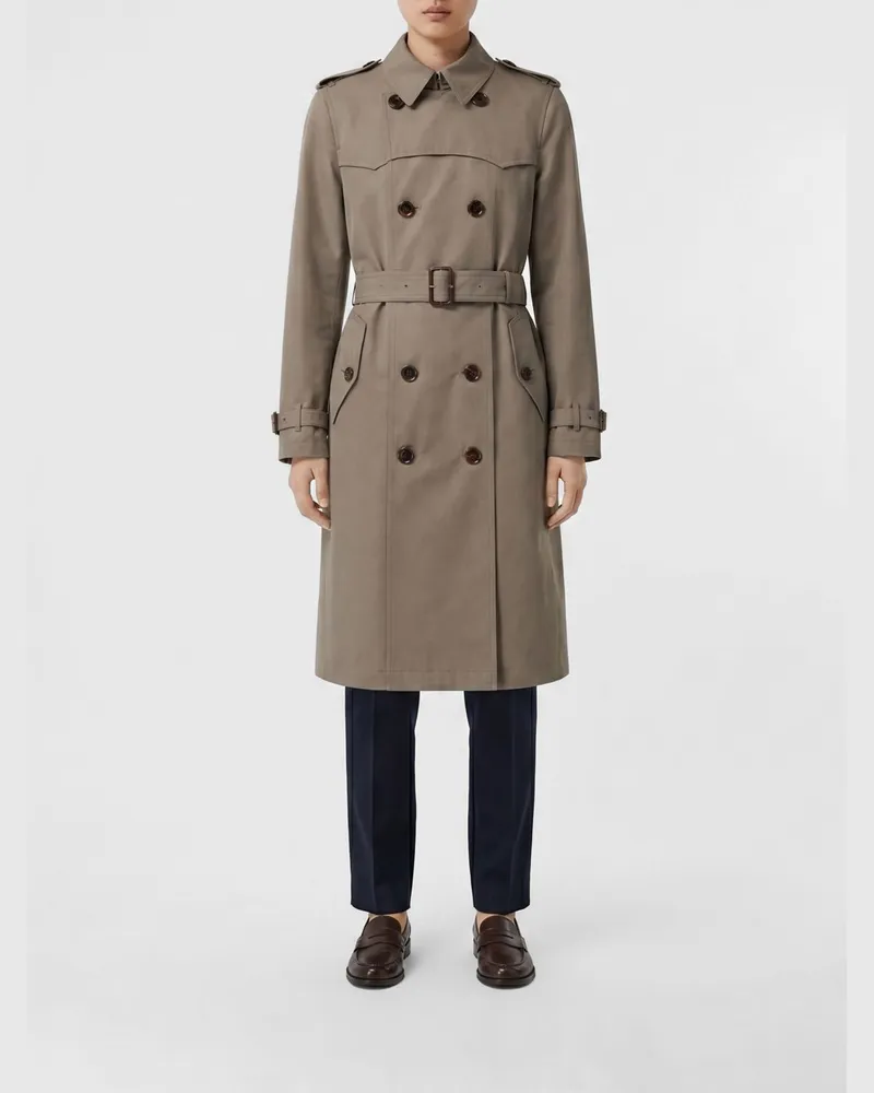 Burberry Langer zweireihiger Trenchcoat aus Seiden- und Baumwollmischung mit Gürtel Beige