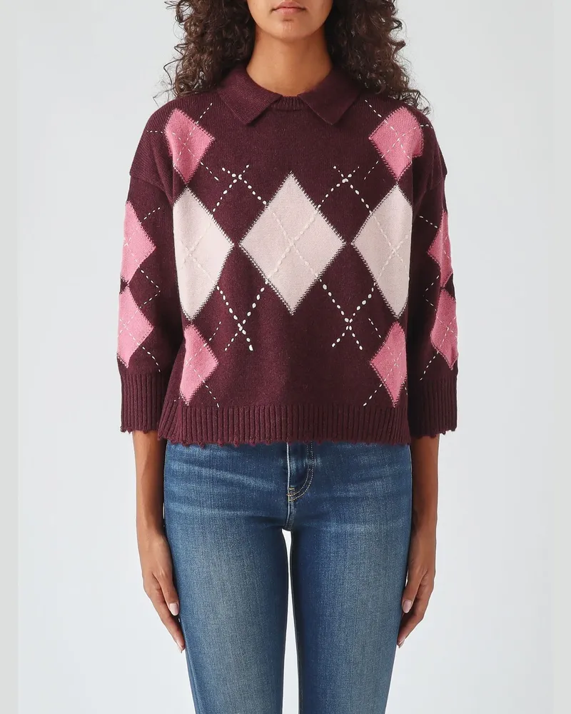 Pinko Langärmeliges Polo-Sweatshirt aus Wolle und Kaschmir mit Argyle-Muster Rot