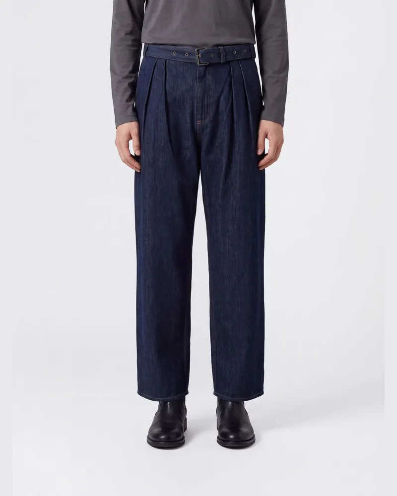 Dries van Noten Weite Bundfaltenjeans aus Baumwolldenim mit verstellbarem Bund Blau
