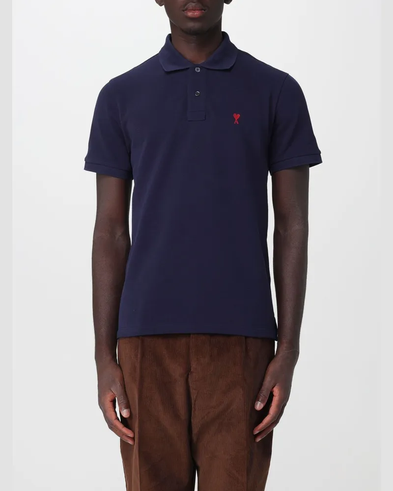 AMI Paris Slim-Fit-Polohemd aus Bio-Baumwolle mit gesticktem Logo auf der Brust Blau