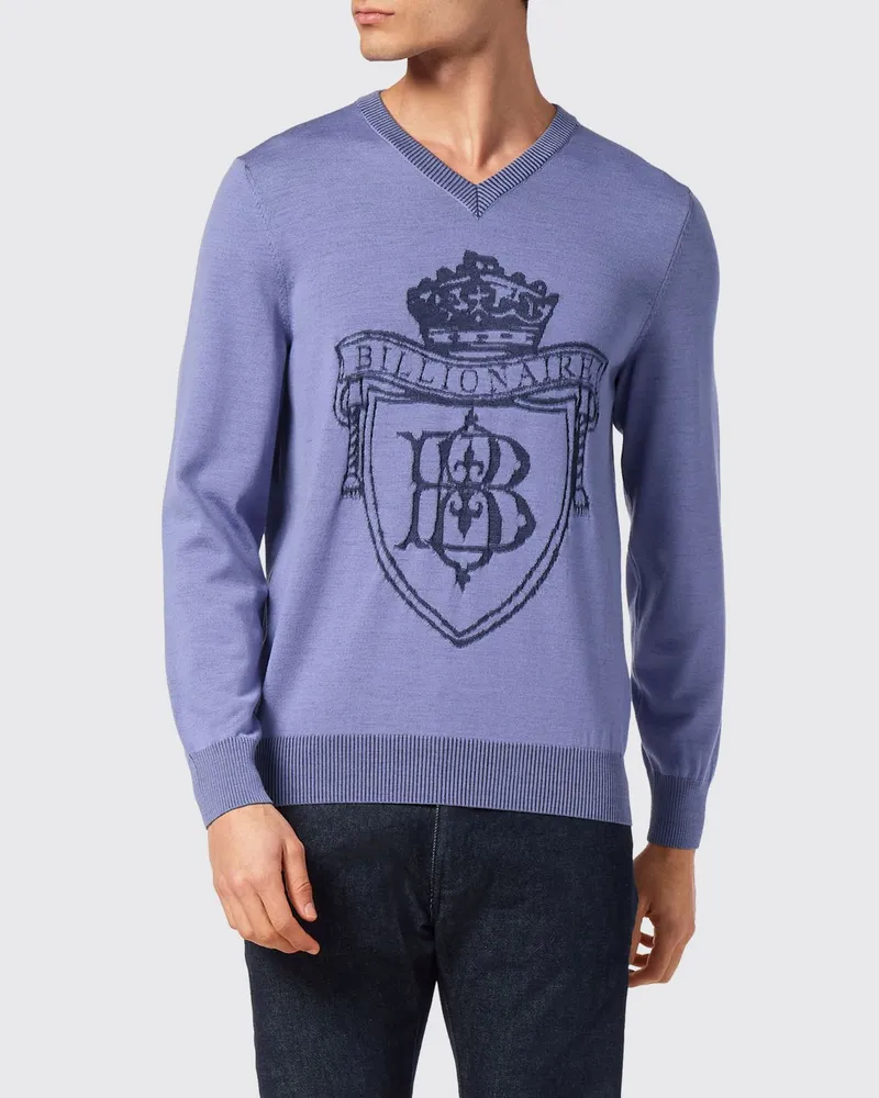 Billionaire V-Ausschnitt-Pullover von aus Wolle und Seide mit Jacquard-Wappen Lila