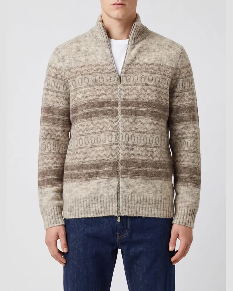 Brunello Cucinelli Gestreifter Cardigan aus Kaschmir und Wolle mit Rollkragen Beige