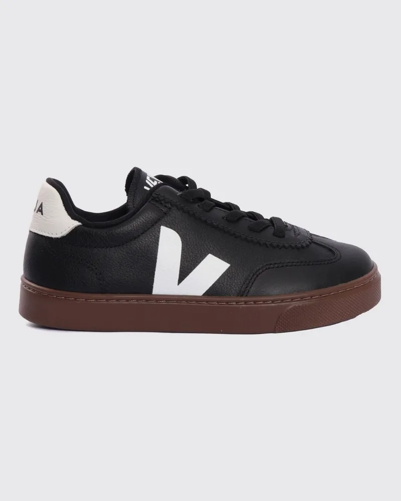 VEJA Volley Kinder-Slip-On-Sneaker aus Leder mit elastischen Schnürsenkeln Schwarz