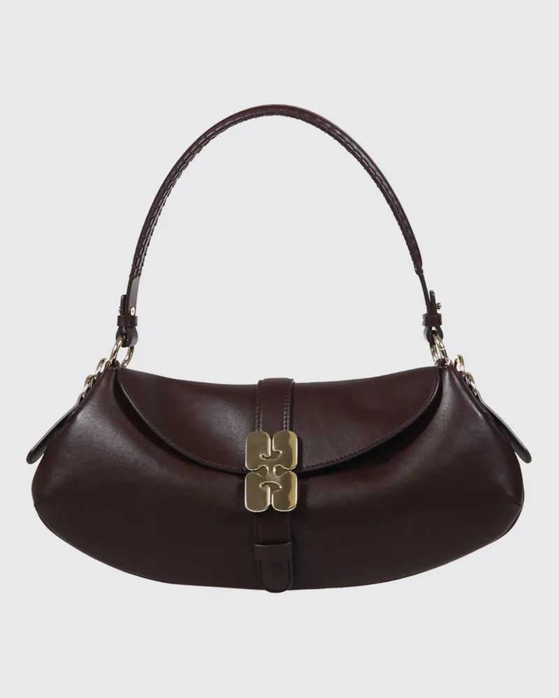 Ganni B-Kat Schultertasche aus recyceltem Leder mit Metallring Braun