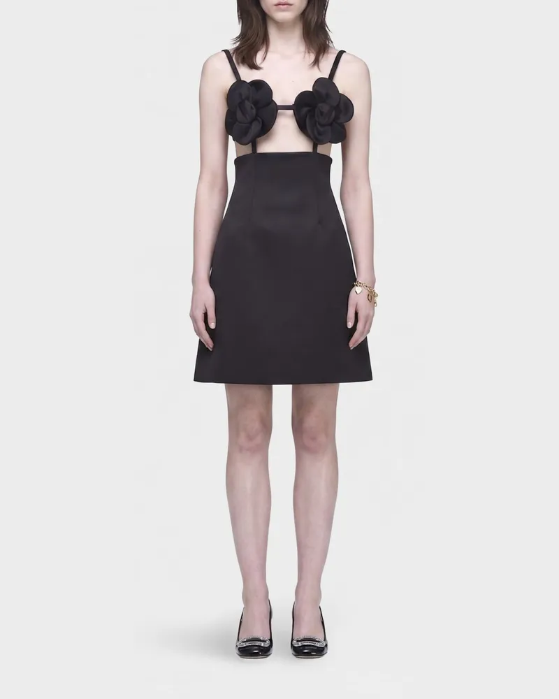 Marc Jacobs Schulterfreies Daisy-Minikleid aus Satin mit Blumenapplikation Schwarz