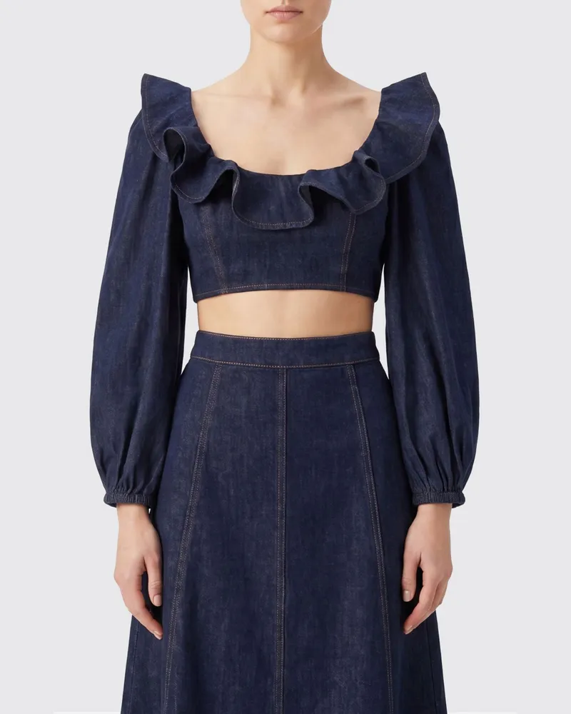 Zimmermann Cropped Langarm-Top aus Baumwolldenim mit Rüschen Blau