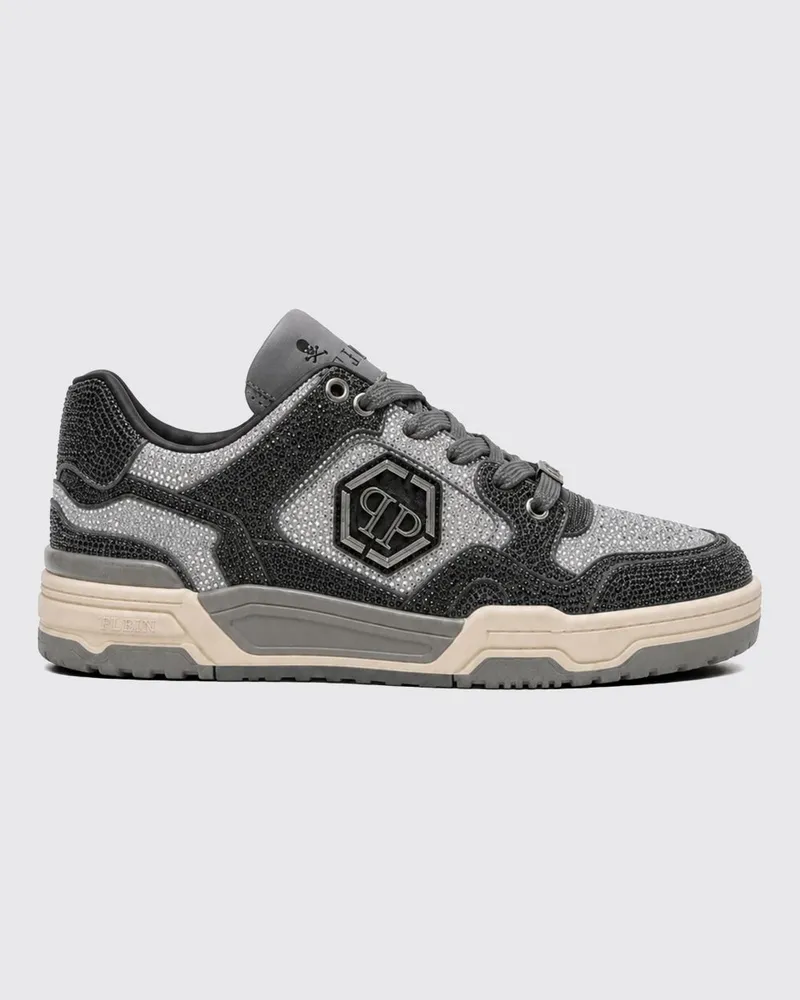 Philipp Plein Predator V2 Leder-Sneaker mit Kristallen und Hexagon-Logo Grau