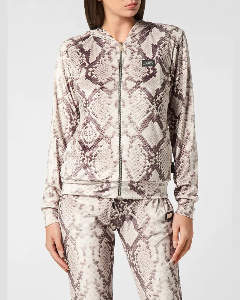 Philipp Plein Kapuzenjacke mit Reißverschluss mit Animalier-Python-Print Beige