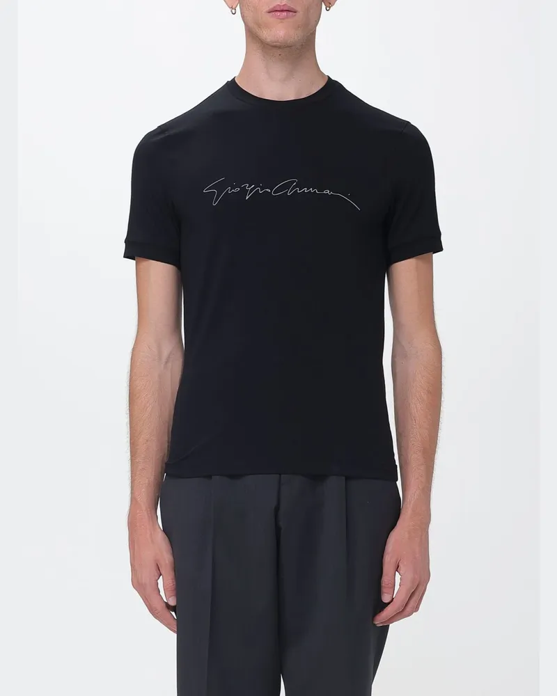 Giorgio Armani Kurzarm-T-Shirt aus Baumwolle mit kontrastierendem Logo Schwarz