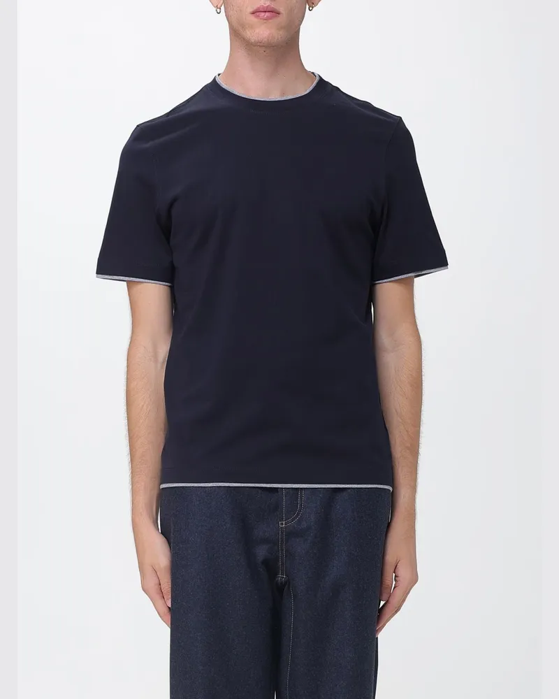 Brunello Cucinelli Rundhals-T-Shirt aus Baumwolle mit Kontrastbesatz Navy