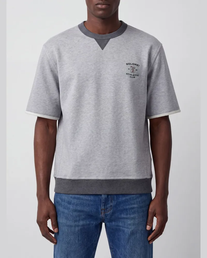 Brunello Cucinelli Kurzärmeliges Baumwoll-Sweatshirt mit Rundhalsausschnitt und gesticktem Logo Grau