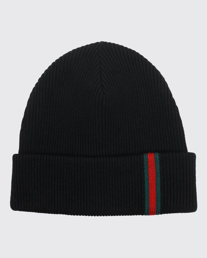 Gucci Gerippte Woll-Beanie mit Bündchen und Webstreifen Schwarz