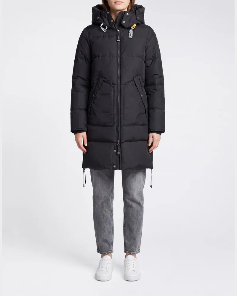 Parajumpers Lange gesteppte Nylon-Daunenjacke mit Kapuze und hohem Kragen Schwarz