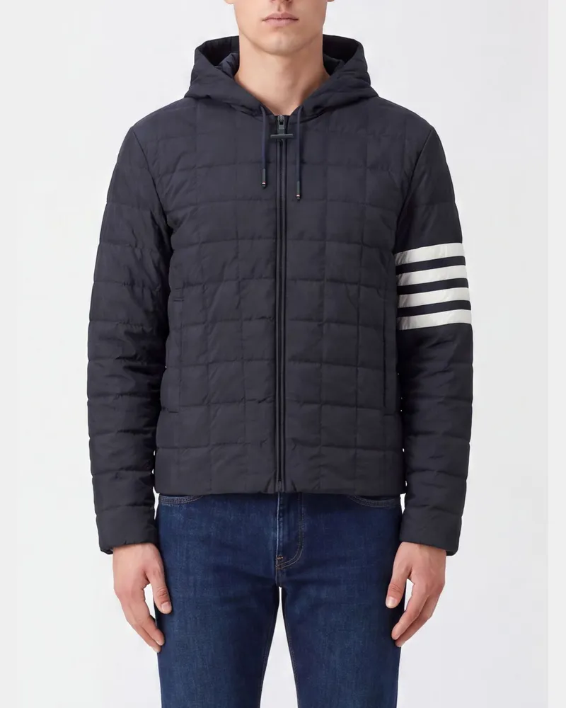 Thom Browne Daunenjacke aus Ripstop-Nylon mit Kapuze und ikonischem Bar-Streifen Blau