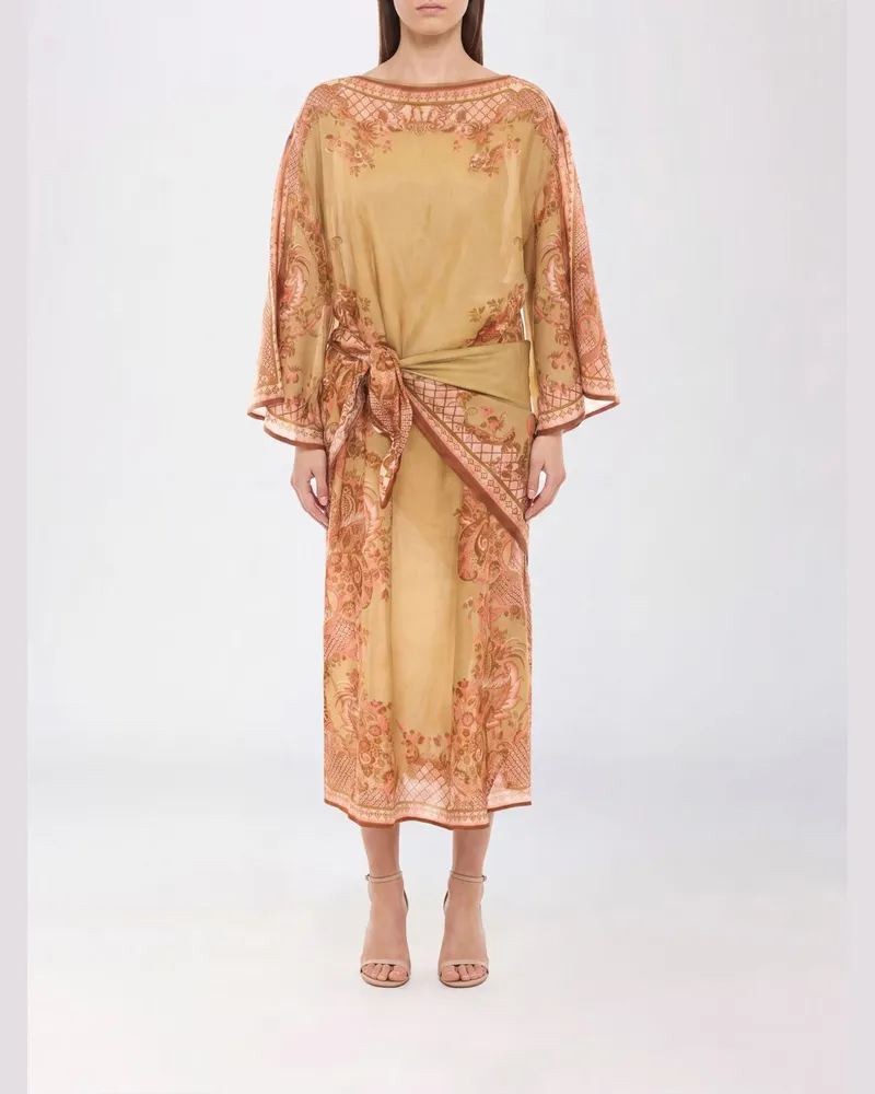Zimmermann Paisley-Print Seiden-Midi-Tunika mit geknoteter Taille Beige